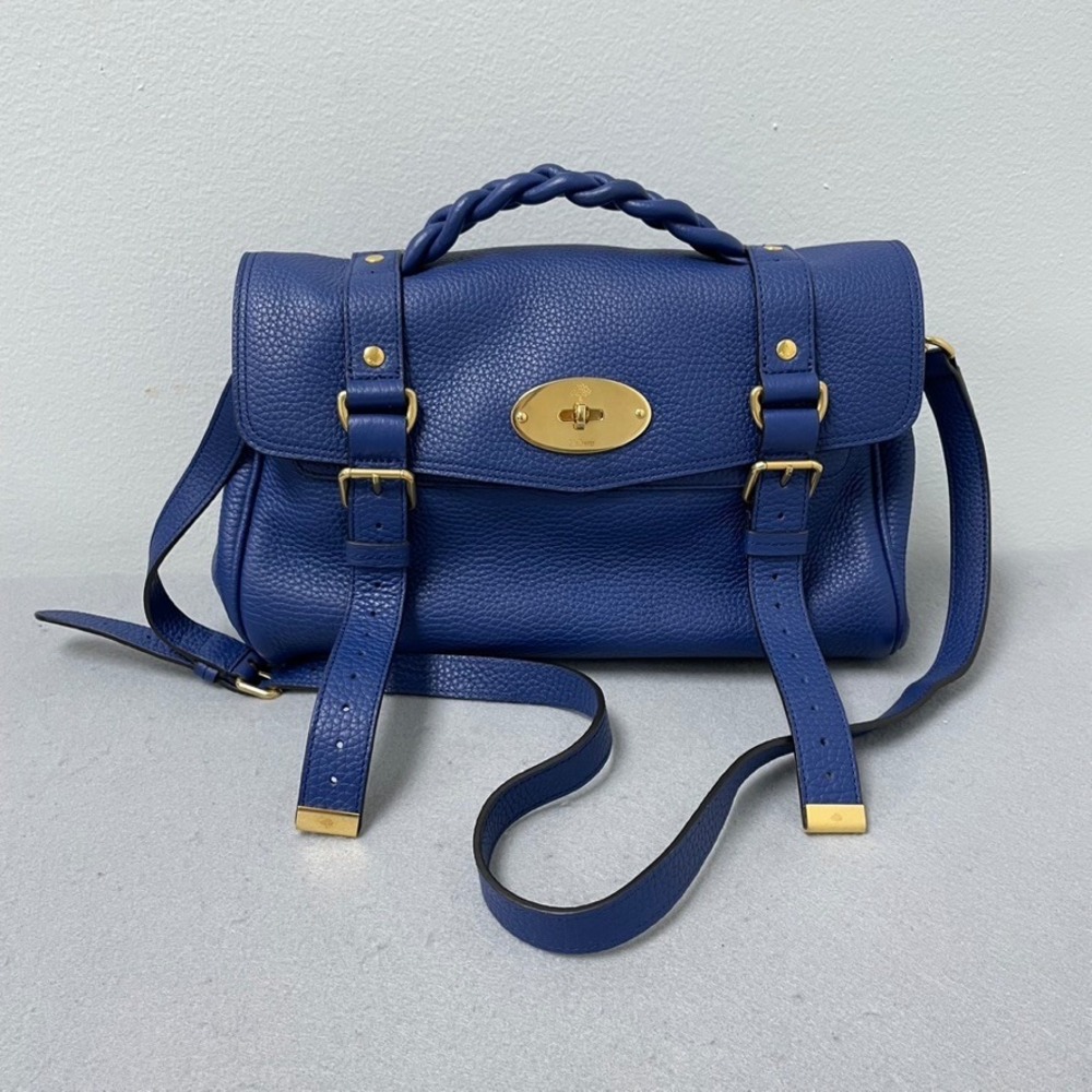 Mulberry Alexa Satchel Bag Blue Pebbled Leather Gold Hardware Dust Bag Excellent